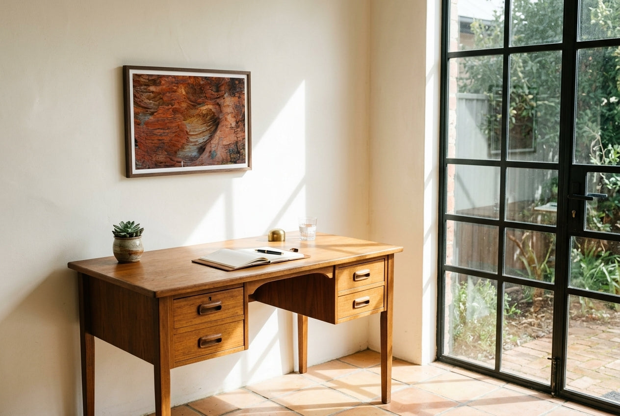 Beehive Patterns, framed above a vintage teak writing desk in a sun-drenched solar-garden room — terracotta tile, steel-framed glass door, succulent in clay pot, dark wood frame. — Two Fat Bunnies.