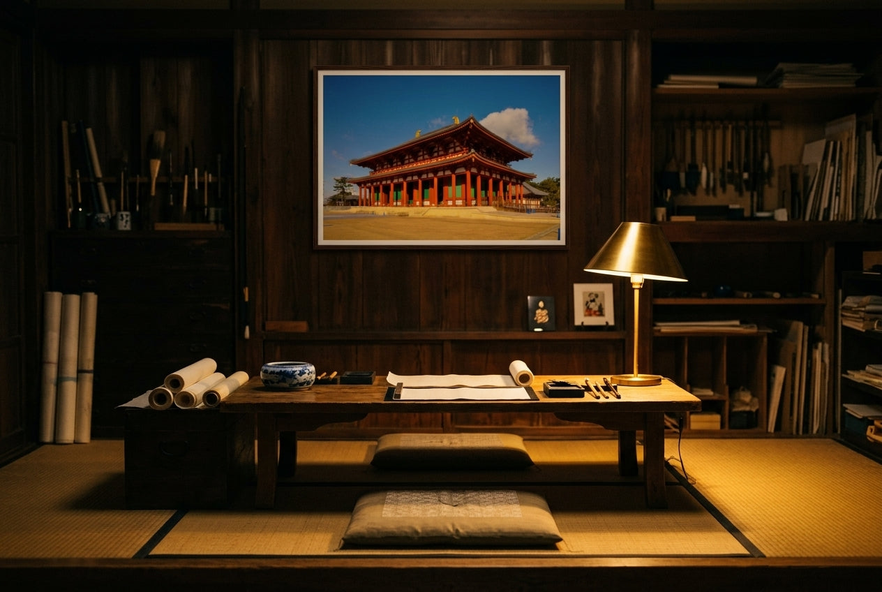 Majestic Morning: Central Golden Hall, Kōfuku-ji, framed in a small calligrapher's atelier — low cedar chabudai writing desk, zabuton cushion, ink stones and brushes, paper lamp, dark wood frame. — Two Fat Bunnies.