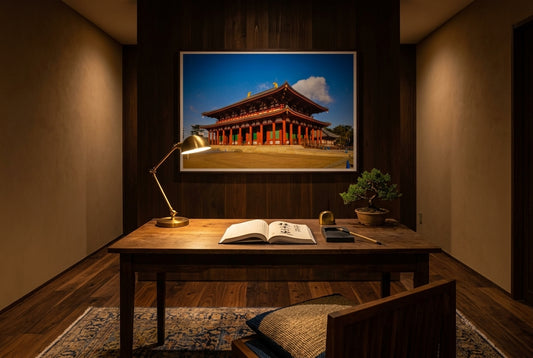 Majestic Morning: Central Golden Hall, Kōfuku-ji, framed above an aged walnut writing desk in a Japanese-influenced scholar's study — cedar feature wall, brass-shaded reading lamp, ink stone, bonsai juniper, dark wood frame. — Two Fat Bunnies.