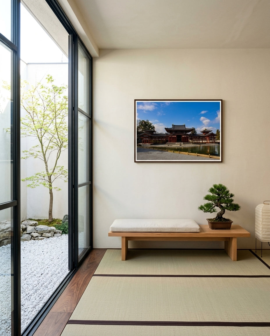 Phoenix Hall Serenity – Byōdō-in Temple, Kyoto, framed in a garden room overlooking a dry-stone garden — steel-framed glass door, low cedar bench, bonsai pine, paper lantern, dark wood frame. — Two Fat Bunnies.