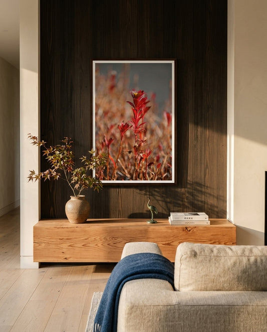 Radiant Red Bloom – Tokyo Roadside Flower, framed above a cedar mantel in an Australian-Japanese fusion living room — oat linen sofa, ceramic vessel, simple branch arrangement, dark wood frame. — Two Fat Bunnies.