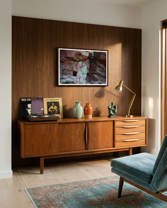 Resident of the Red Cliffs — Rock Wallaby, Lake Argyle, framed above a mid-century teak credenza — brass table lamp, ceramic vessel, leather-bound books, dark wood frame. — Two Fat Bunnies.