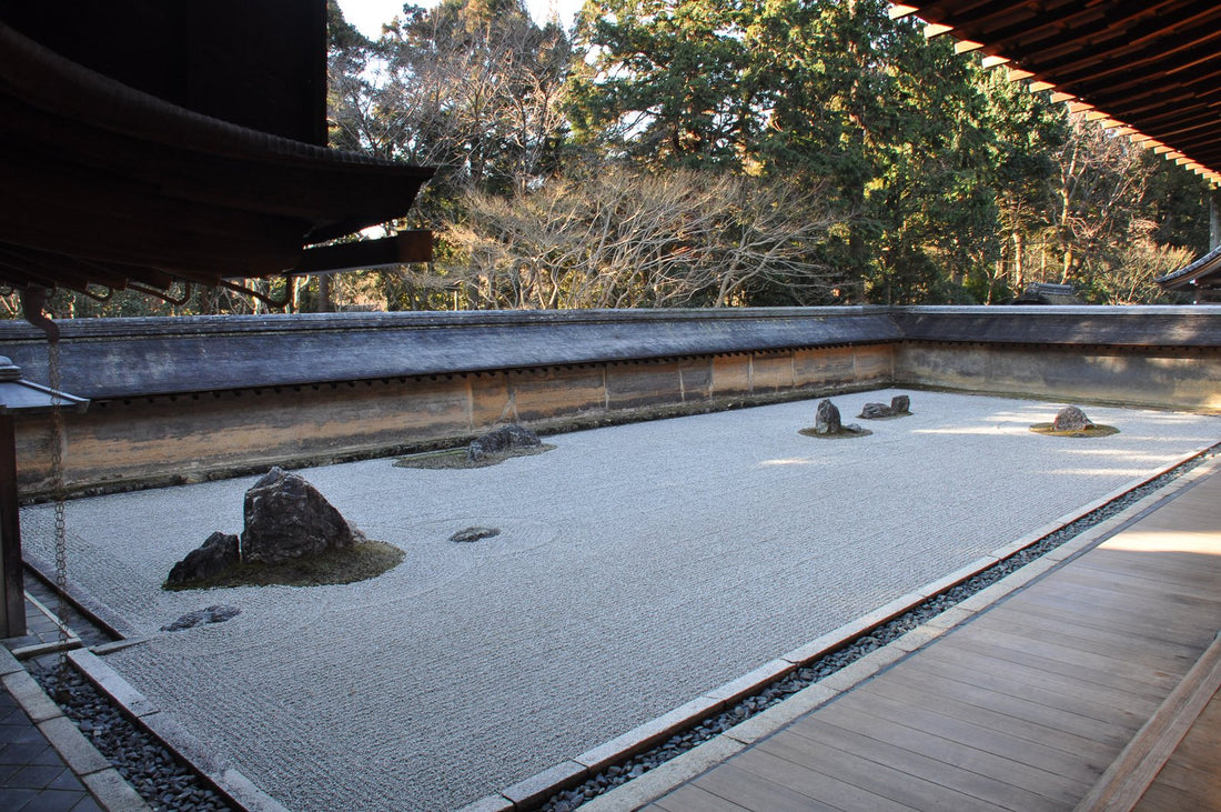 The rock garden at Ryōan-ji temple, Kyoto — raked gravel and ancient stones viewed from the wooden veranda