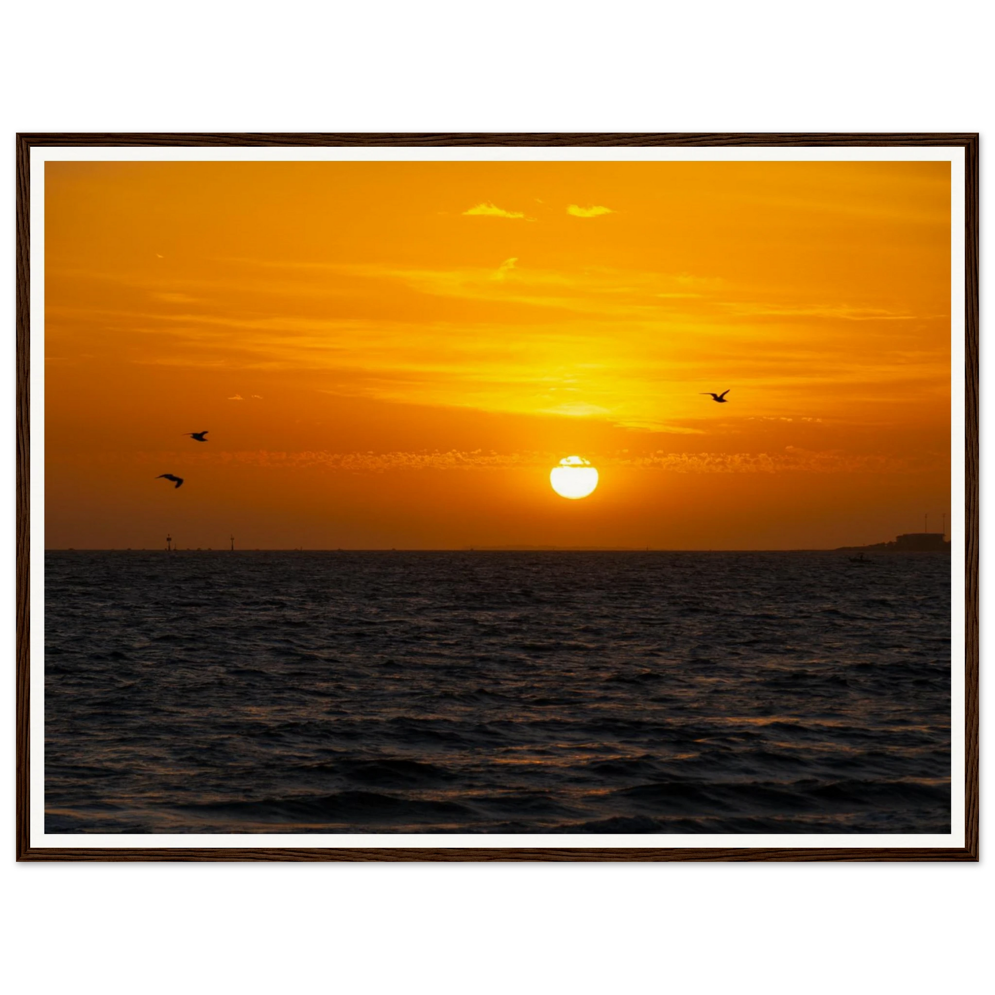 Golden Sunset Over Port Phillip Bay. Fine-art photograph of golden sunset light over Port Phillip Bay, Melbourne, Victoria, Australia. Framed wooden poster · Made-to-order · Free Australia-wide shipping. — Two Fat Bunnies.