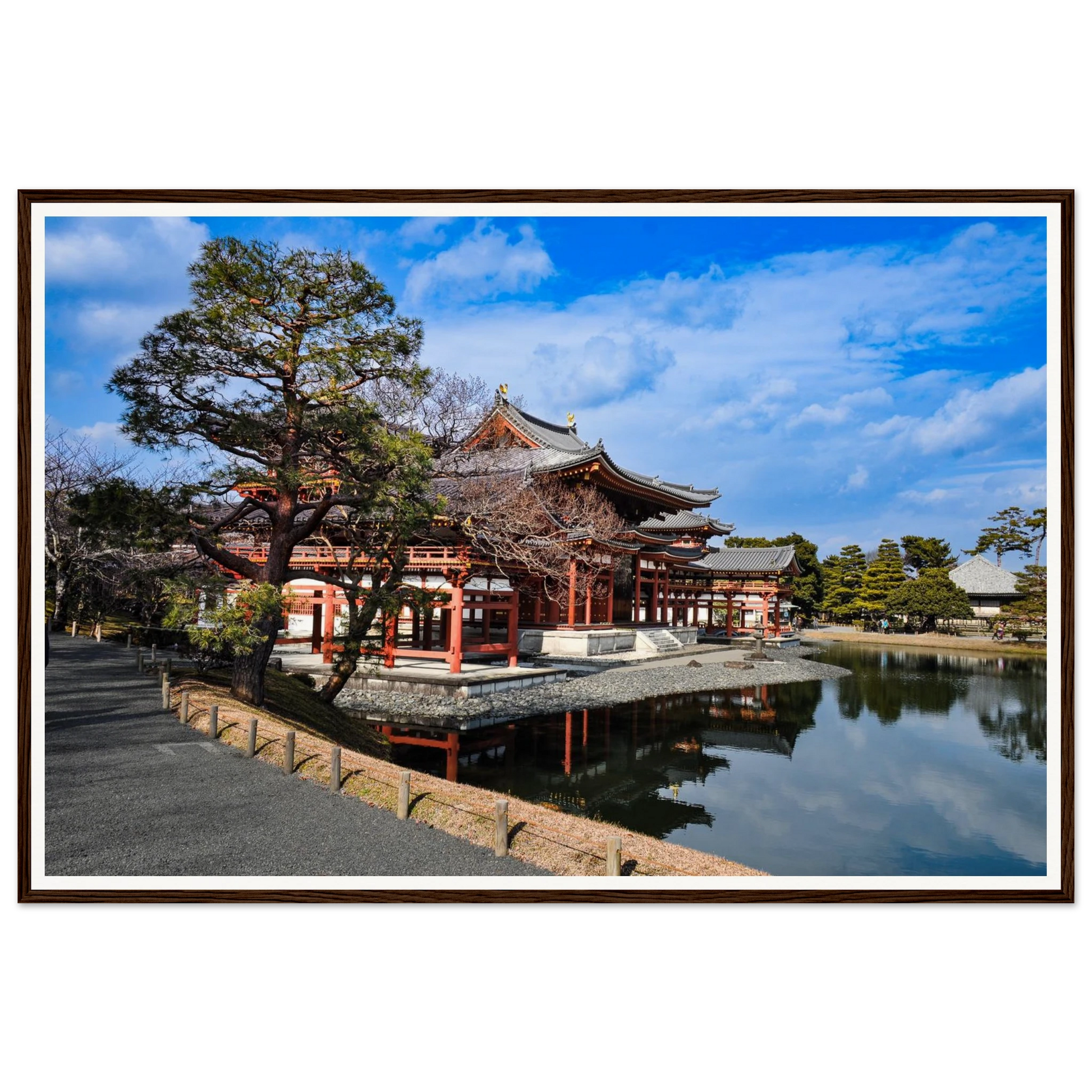 Timeless Serenity: View of the Phoenix Hall, Byōdō-in Temple – Uji, Kyoto. Fine-art photograph of the iconic Phoenix Hall at Byōdō-in Temple, Uji, Kyoto, Japan. Framed wooden poster · Made-to-order · Free Australia-wide shipping. — Two Fat Bunnies.