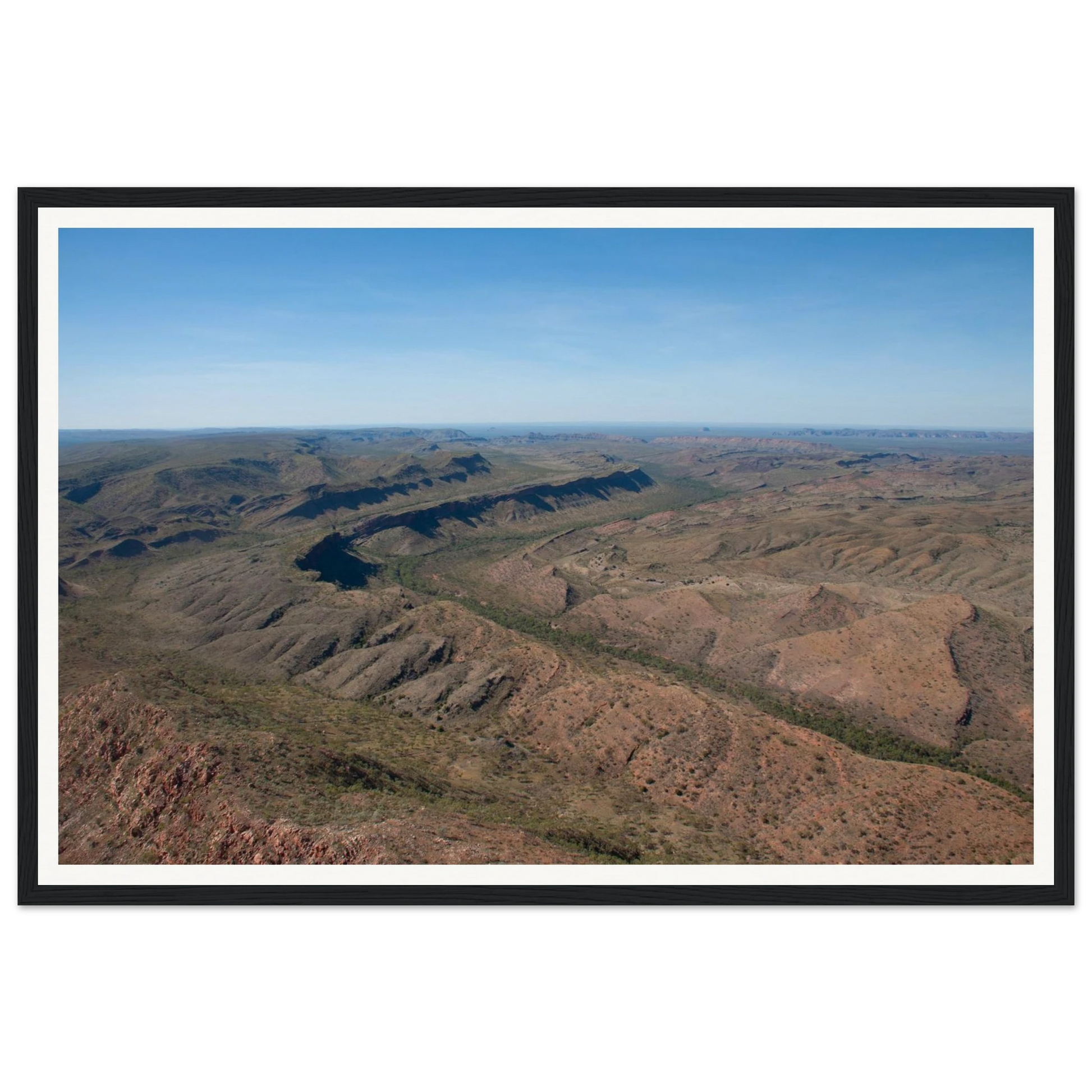 East Kimberley Ridgelines - Kimberley Aerial Landscape. Fine-art aerial photograph of the layered ridgelines of the East Kimberley region, Western Australia. Framed wooden poster · Made-to-order · Free Australia-wide shipping. — Two Fat Bunnies.