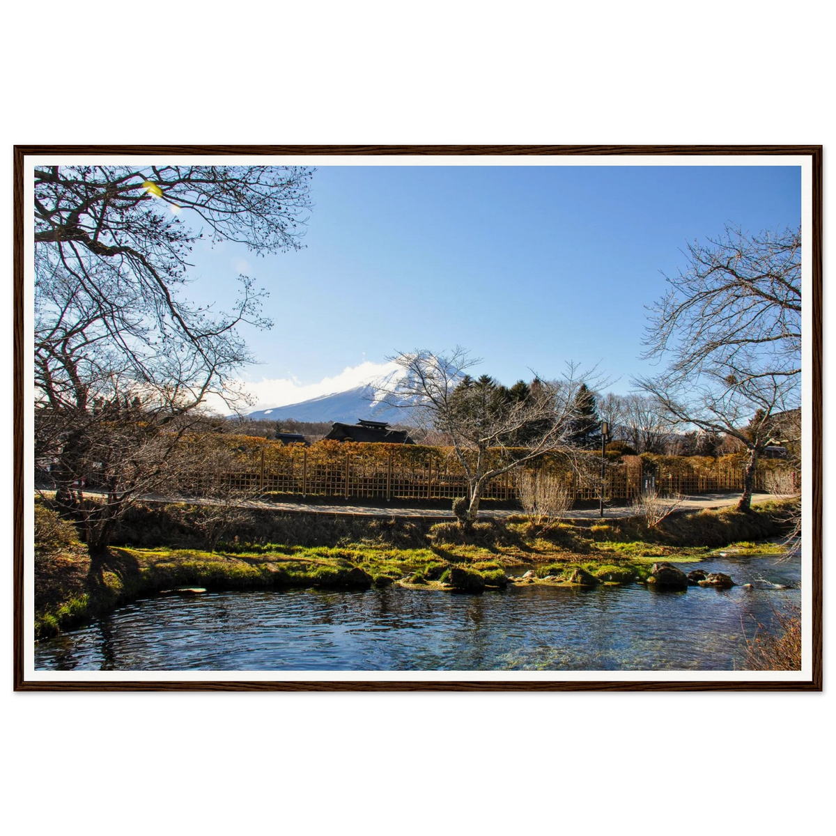 Tranquil Reflections: Mt Fuji over Oshino Hakkai Village. Fine-art photograph of Mt Fuji reflected over the spring-fed ponds of Oshino Hakkai Village, Yamanashi, Japan. Framed wooden poster · Made-to-order · Free Australia-wide shipping. — Two Fat Bunnies.
