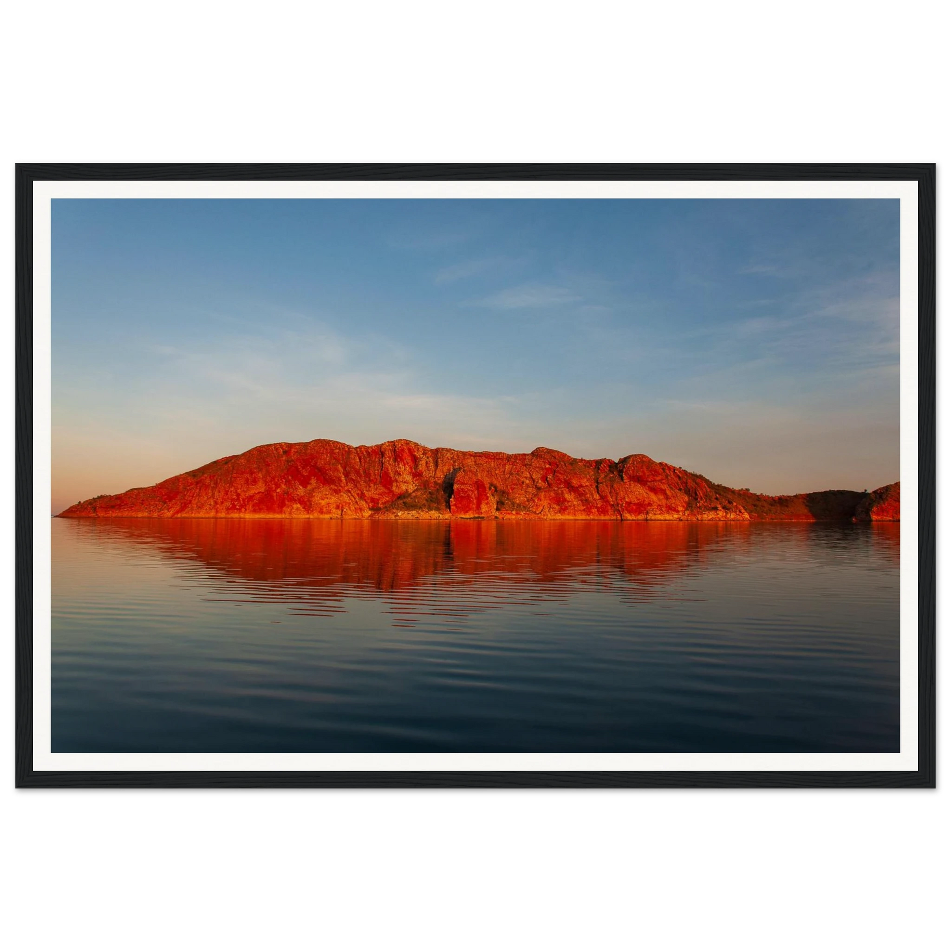 Crimson Calm — Island Before Sunset, Lake Argyle. Fine-art photograph of a Lake Argyle island silhouetted against a deep crimson sunset sky, East Kimberley region of Western Australia. Framed wooden poster · Made-to-order · Free Australia-wide shipping. — Two Fat Bunnies.