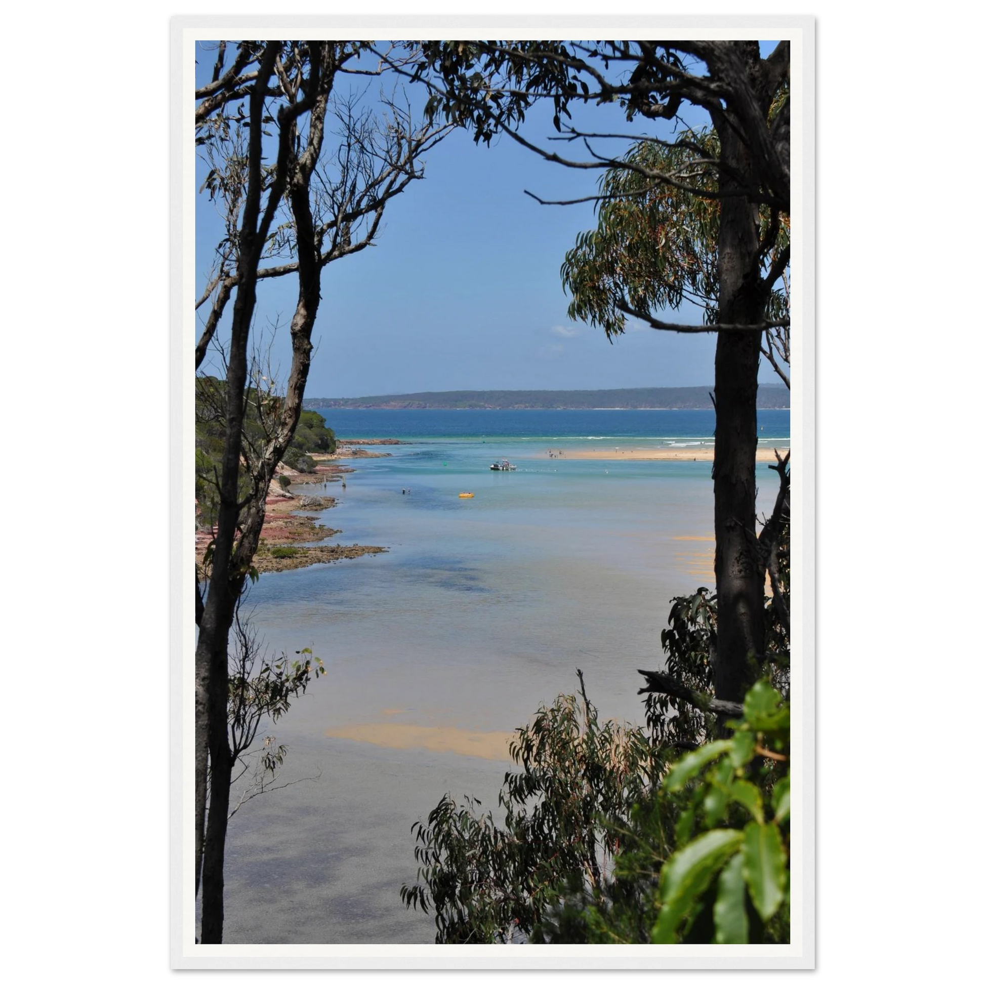 Merimbula Bliss – Coastal Escape. Fine-art coastal photograph of Merimbula's blissful sandy beach and turquoise water, Sapphire Coast, NSW, Australia. Framed wooden poster · Made-to-order · Free Australia-wide shipping. — Two Fat Bunnies.