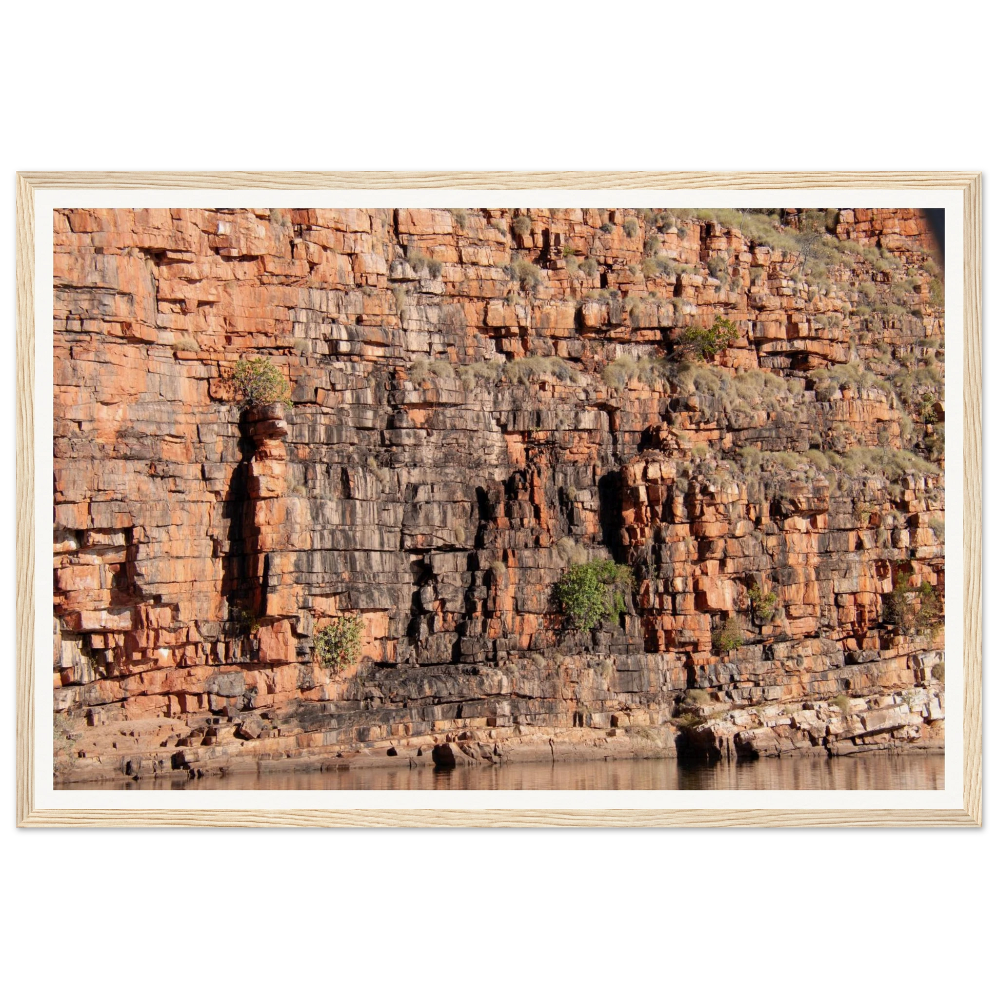 Golden Strata, Chamberlain Gorge. Fine-art landscape photograph of the golden geological strata of Chamberlain Gorge, El Questro Wilderness Park, Kimberley region of Western Australia. Framed wooden poster · Made-to-order · Free Australia-wide shipping. — Two Fat Bunnies.