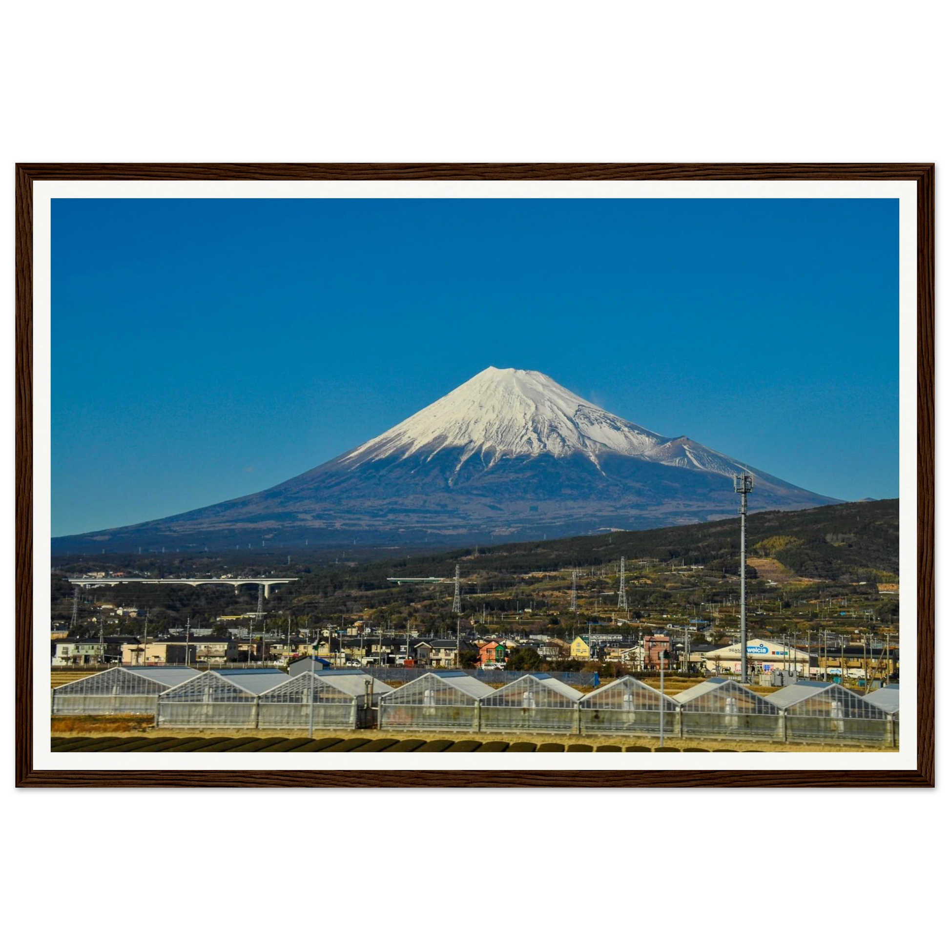 Mt Fuji in Motion: Shinkansen View Over Japanese Countryside. Fine-art photograph of Mt Fuji captured in dynamic motion blur from a moving Shinkansen bullet train, with the Japanese countryside passing by, Japan. Framed wooden poster · Made-to-order · Free Australia-wide shipping. — Two Fat Bunnies.