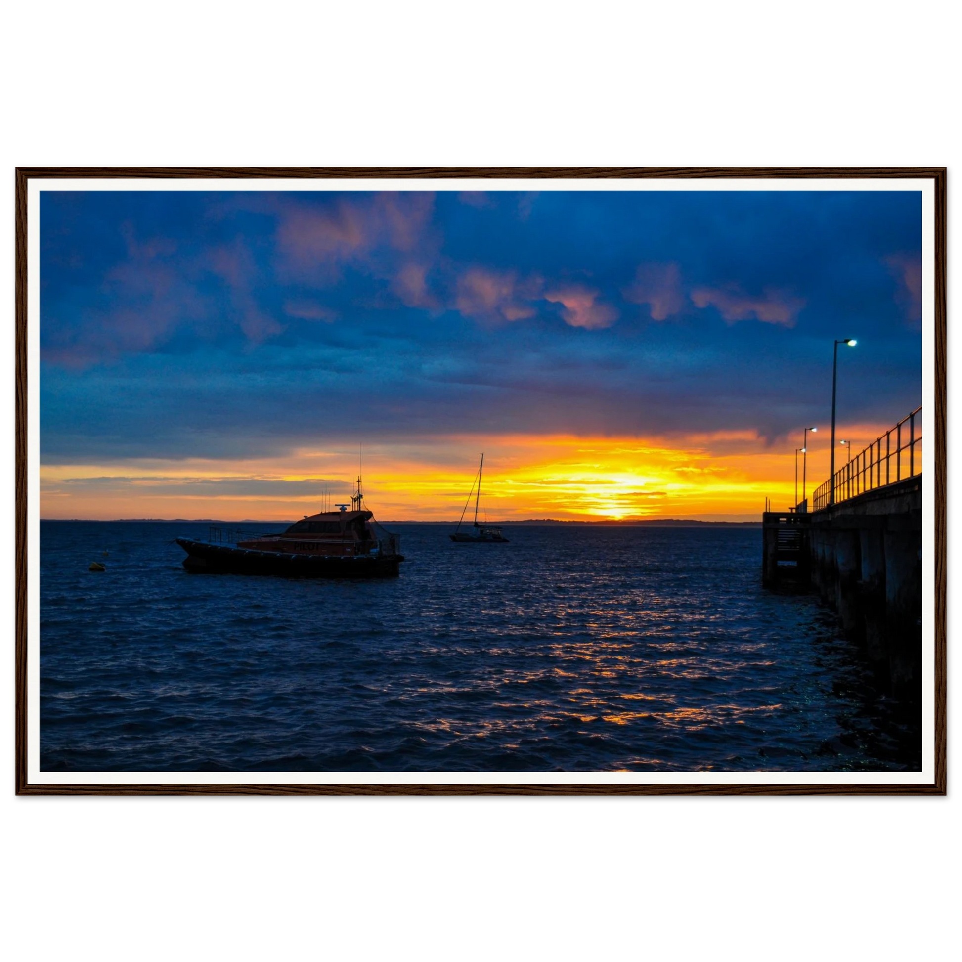 Sunrise Serenity at Flinders Pier – Mornington Peninsula. Fine-art coastal photograph of dawn light and sunrise serenity at Flinders Pier, Mornington Peninsula, Victoria, Australia. Framed wooden poster · Made-to-order · Free Australia-wide shipping. — Two Fat Bunnies.