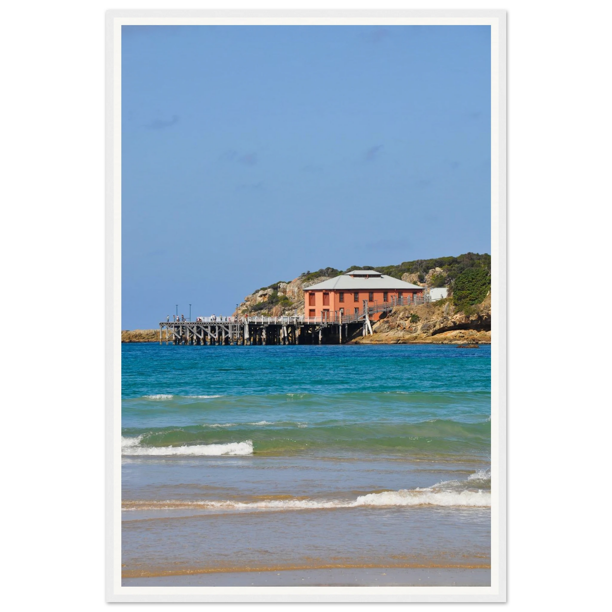 Heritage Tranquillity: Tathra Wharf. Fine-art photograph of the iconic heritage Tathra Wharf in tranquil light, Sapphire Coast, NSW, Australia. Framed wooden poster · Made-to-order · Free Australia-wide shipping. — Two Fat Bunnies.