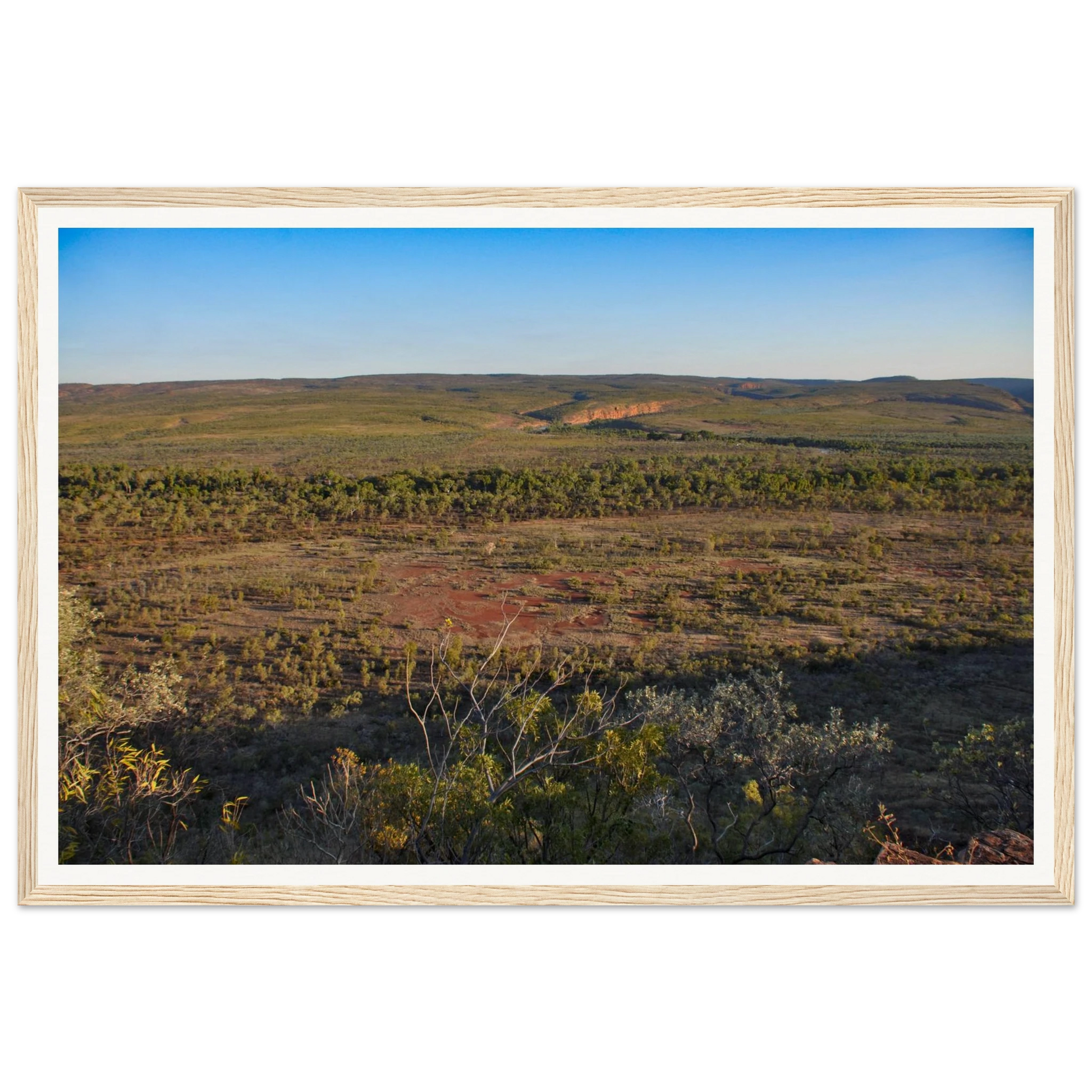 Late Light over El Questro, Buddy's Lookout. Fine-art photograph of late golden hour light spilling across El Questro Wilderness Park from Buddy's Lookout, Kimberley region of Western Australia. Framed wooden poster · Made-to-order · Free Australia-wide shipping. — Two Fat Bunnies.