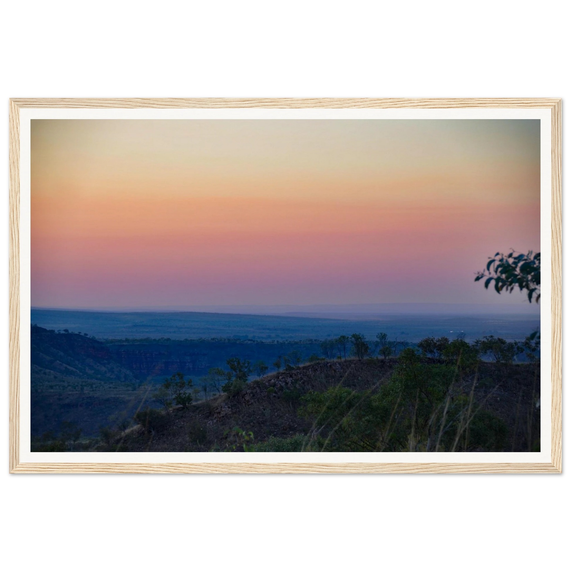 Afterglow over El Questro - Pastel Twilight from Buddy's Lookout. Fine-art Australian landscape photograph of the Kimberley region from Buddy's Lookout, El Questro Wilderness Park. Framed wooden poster · Made-to-order · Free Australia-wide shipping. — Two Fat Bunnies.