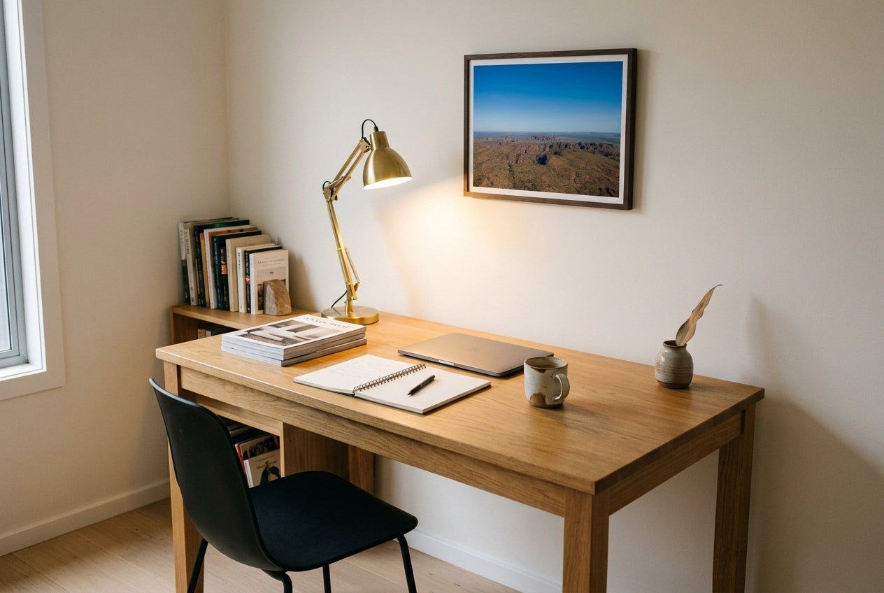 Beehive Domes from Above, framed above a solid oak writing desk in a journalist's small home office — brass swing-arm lamp, stacked books, dark wood frame. — Two Fat Bunnies.