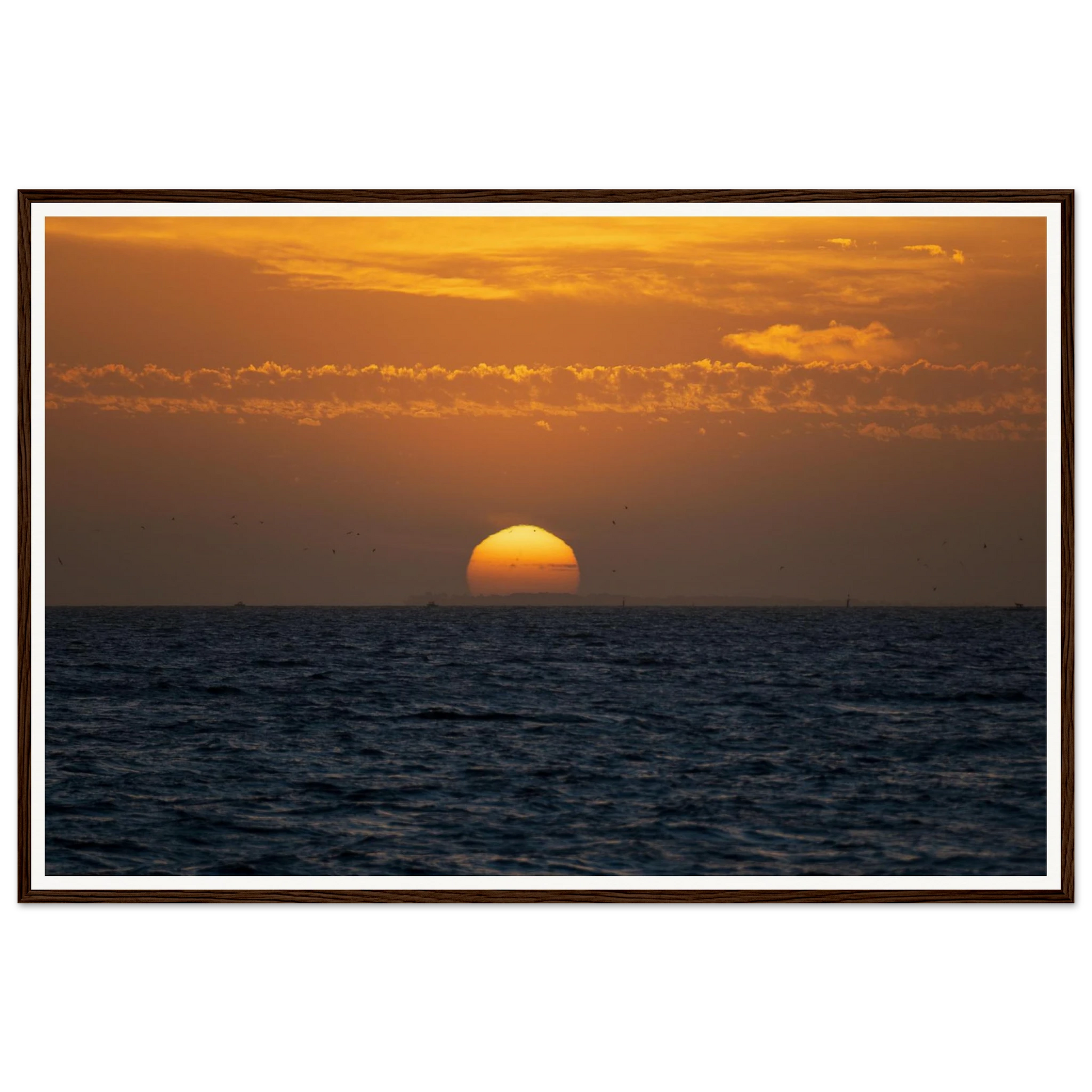 Golden Dusk: Sunset Over Port Phillip Bay, Melbourne. Fine-art photograph of golden dusk light over Port Phillip Bay at sunset, Melbourne, Victoria, Australia. Framed wooden poster · Made-to-order · Free Australia-wide shipping. — Two Fat Bunnies.