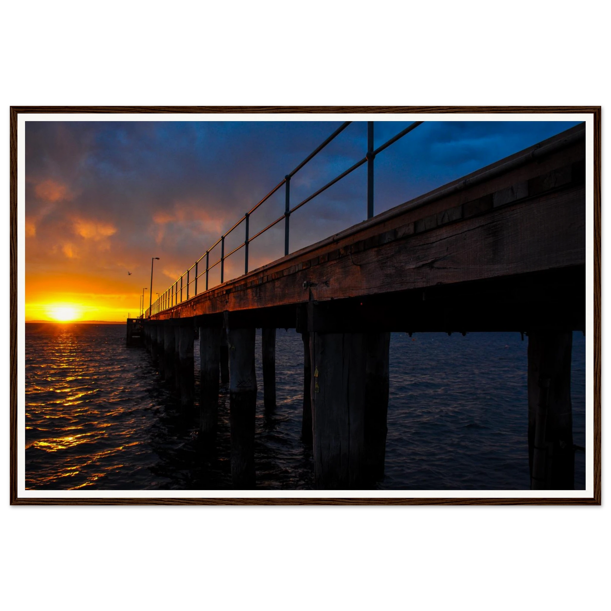 Dawn at Flinders Pier – Mornington Peninsula Sunrise. Fine-art photograph of the iconic Flinders Pier at sunrise, Mornington Peninsula, Victoria, Australia. Framed wooden poster · Made-to-order · Free Australia-wide shipping. — Two Fat Bunnies.