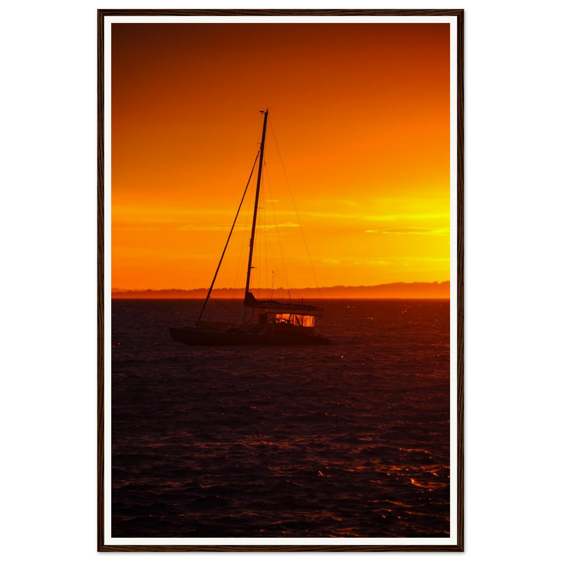 Golden Dawn at Flinders – Sunrise Boat. Fine-art photograph of a single fishing boat silhouetted against golden dawn light at Flinders Pier, Mornington Peninsula, Victoria, Australia. Framed wooden poster · Made-to-order · Free Australia-wide shipping. — Two Fat Bunnies.