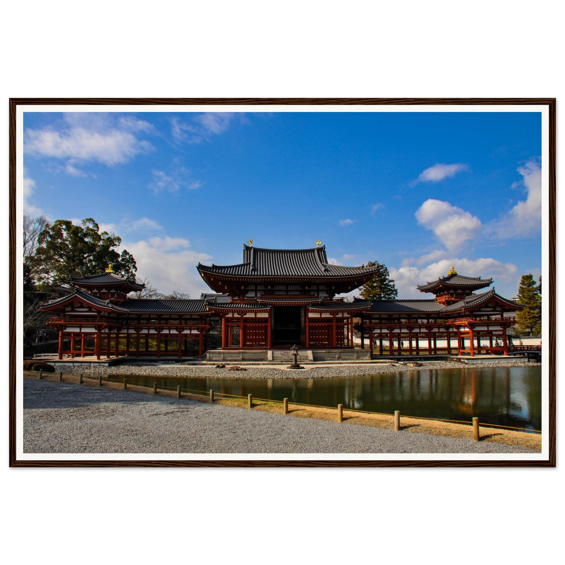 Phoenix Hall Serenity – Byōdō-in Temple, Kyoto. Fine-art photograph of Phoenix Hall (Hōō-dō) at the Byōdō-in Buddhist temple in serene reflection, Uji, Kyoto, Japan. UNESCO World Heritage Site. Framed wooden poster · Made-to-order · Free Australia-wide shipping. — Two Fat Bunnies.