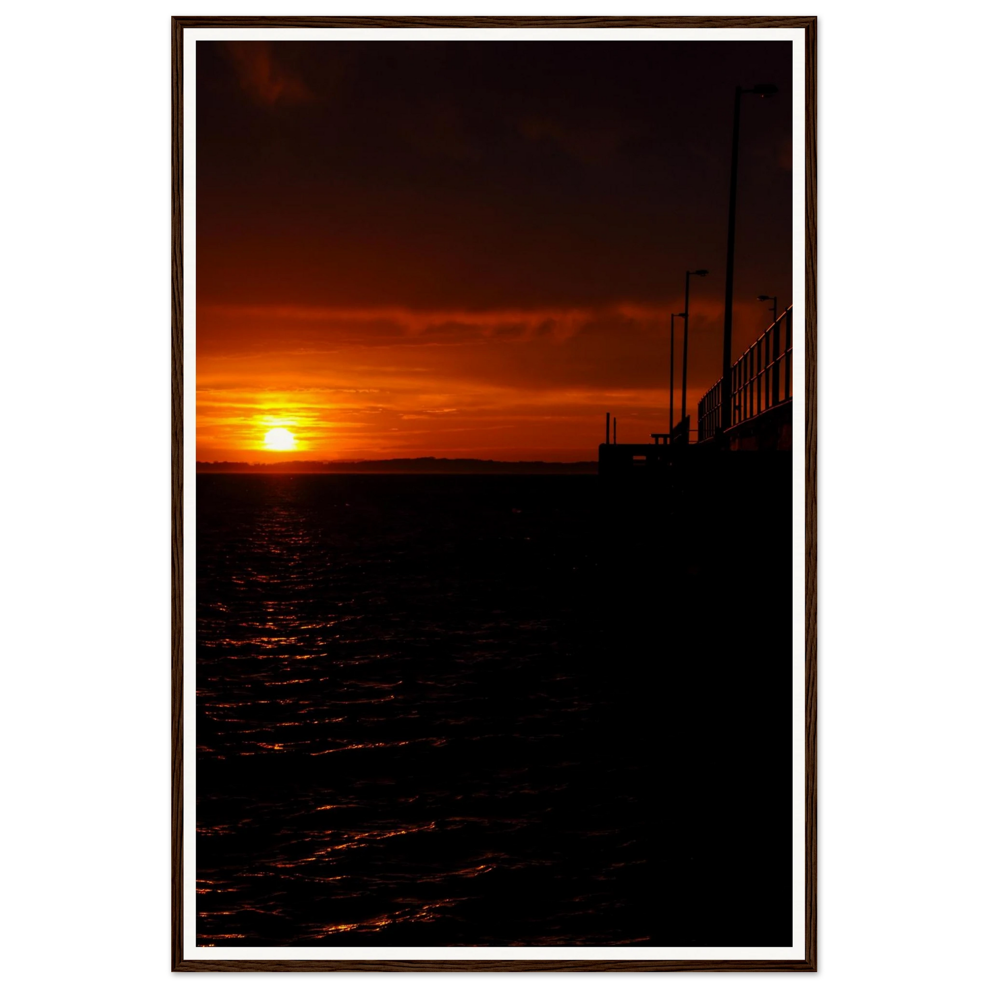 Golden Dawn at Flinders Pier – Mornington Peninsula Sunrise. Fine-art photograph of golden sunrise light over the iconic Flinders Pier, Mornington Peninsula, Victoria, Australia. Framed wooden poster · Made-to-order · Free Australia-wide shipping. — Two Fat Bunnies.