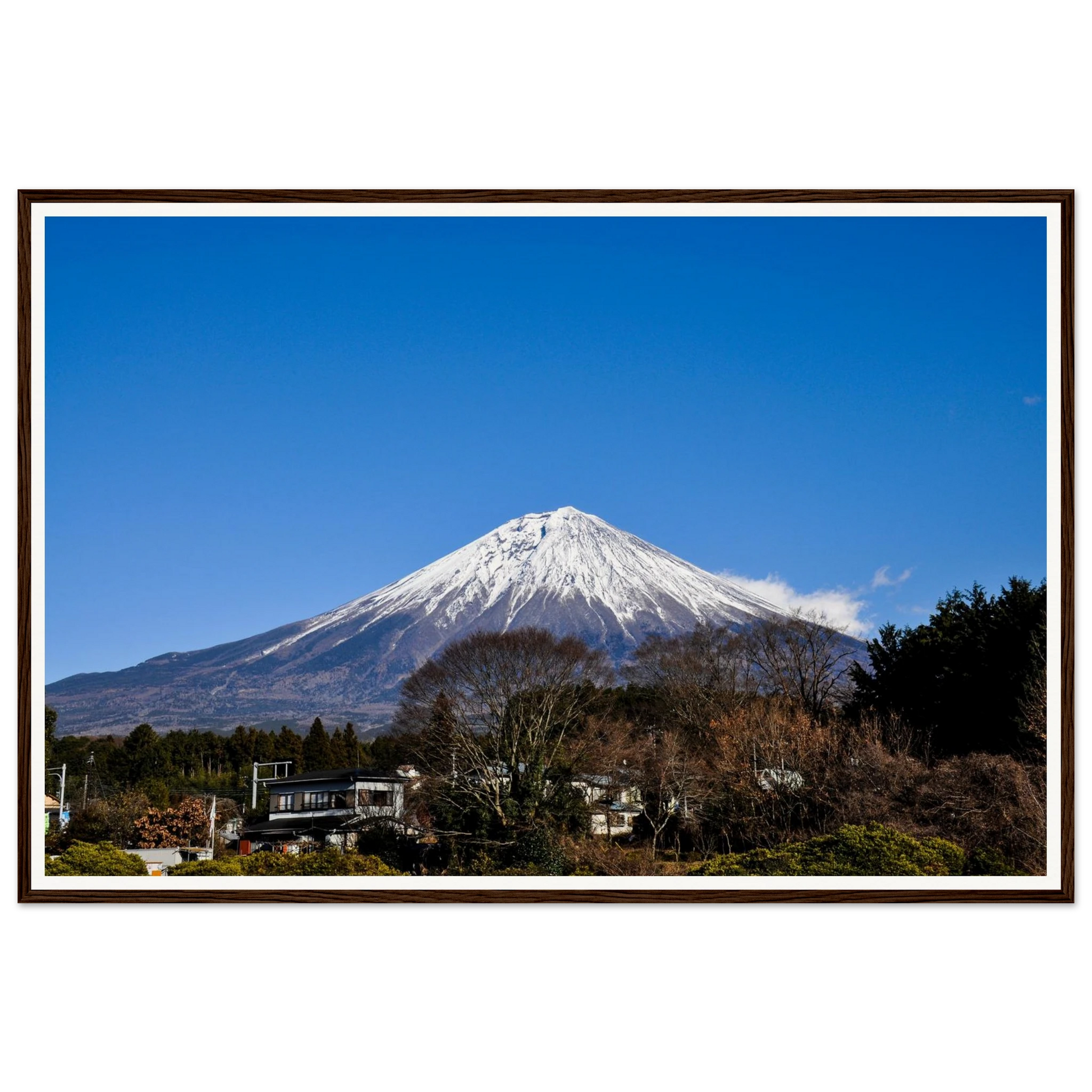 Majestic Mount Fuji. Fine-art photograph of Mount Fuji, snow-capped above its village base, Japan. Framed wooden poster · Made-to-order · Free Australia-wide shipping. — Two Fat Bunnies.