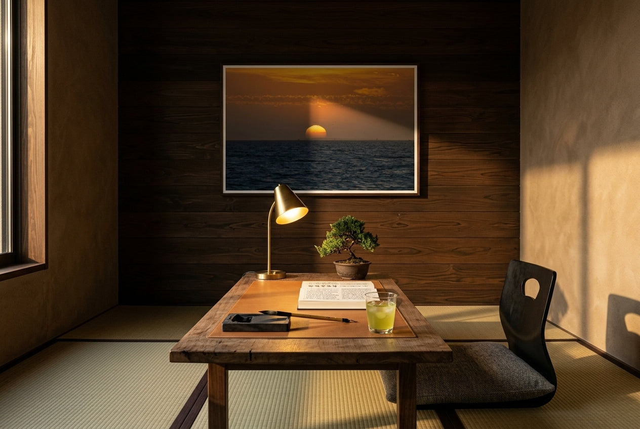 Golden Dusk: Sunset Over Port Phillip Bay, Melbourne, framed on a dark cedar feature wall above an aged walnut writing desk in a Tokyo apartment-inspired study — tatami, brass desk lamp, ink stone and brush, bonsai juniper, dark wood frame. — Two Fat Bunnies.
