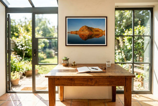 Golden Hour Mirror — Island Reflections, Lake Argyle, framed above a vintage teak writing desk in a sun-drenched garden room — terracotta tile floor, steel-framed glass garden door, succulent in clay pot, dark wood frame. — Two Fat Bunnies.