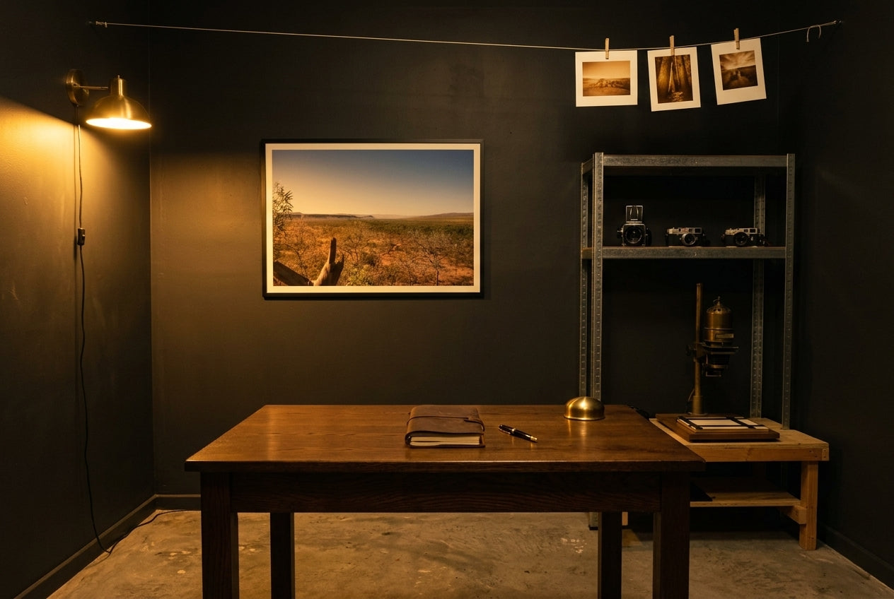 Kimberley Horizon — El Questro Lookout, framed in a photographer's darkroom-conversion home office — prints clipped to drying lines, vintage film cameras on shelves, amber safelight glow, brass enlarger, oak desk, dark wood frame. — Two Fat Bunnies.