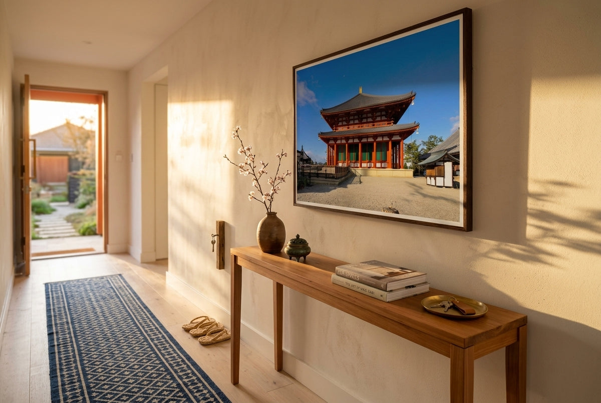 Central Golden Hall at Kōfuku-ji, Nara, framed above a slim cedar console in a refined Australian-Japanese fusion entry hall — indigo runner rug, cherry blossom ikebana, woven straw zori, dark wood frame. — Two Fat Bunnies.