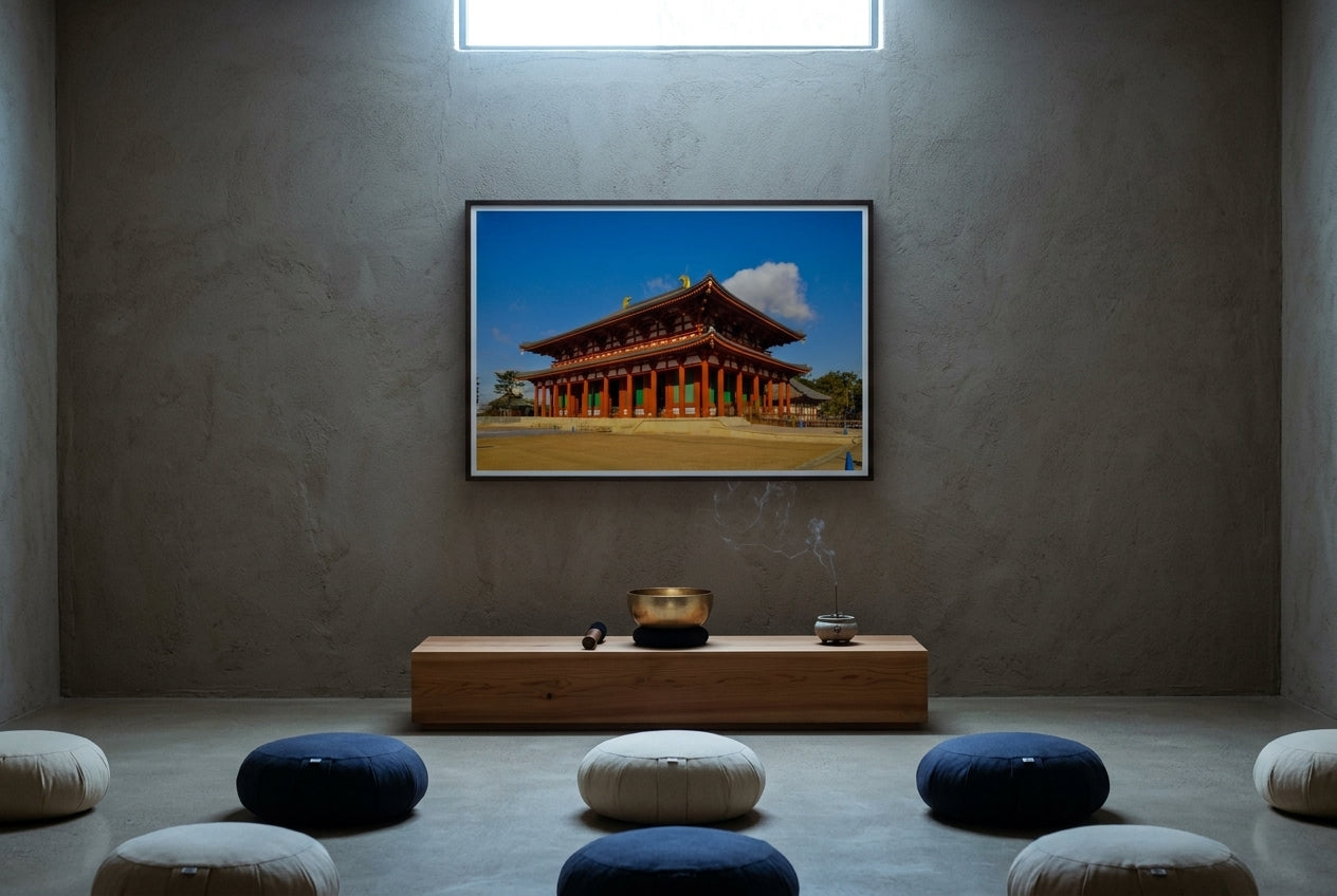 Majestic Morning: Central Golden Hall, Kōfuku-ji, framed above a low cedar plinth in a Buddhist meditation hall — brass singing bowl, zafu cushions, rough natural-clay walls, dark wood frame. — Two Fat Bunnies.