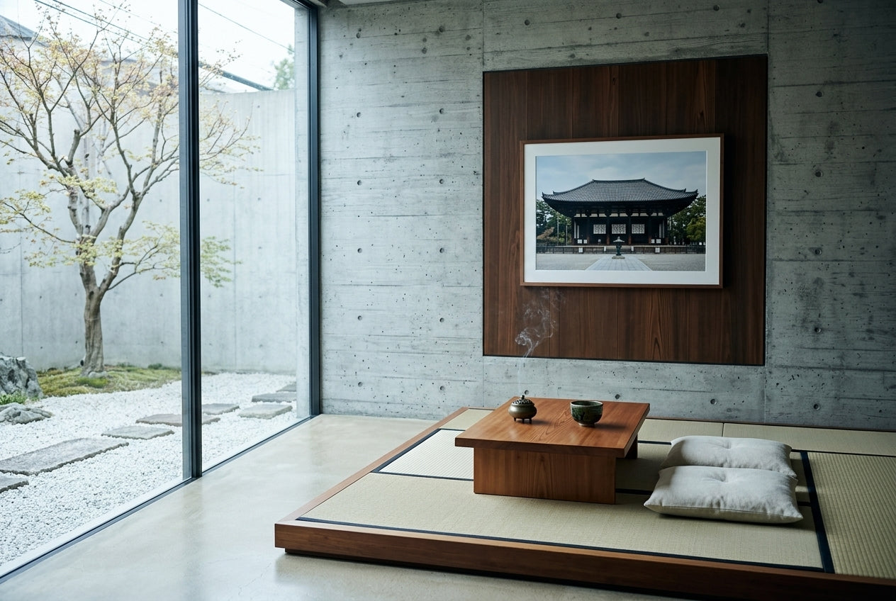 Majestic Morning: Central Golden Hall, Kōfuku-ji, framed in a modernist tea pavilion with raw concrete and cedar walls — low tatami platform, cedar table, zabuton, full-height garden window, dark wood frame. — Two Fat Bunnies.