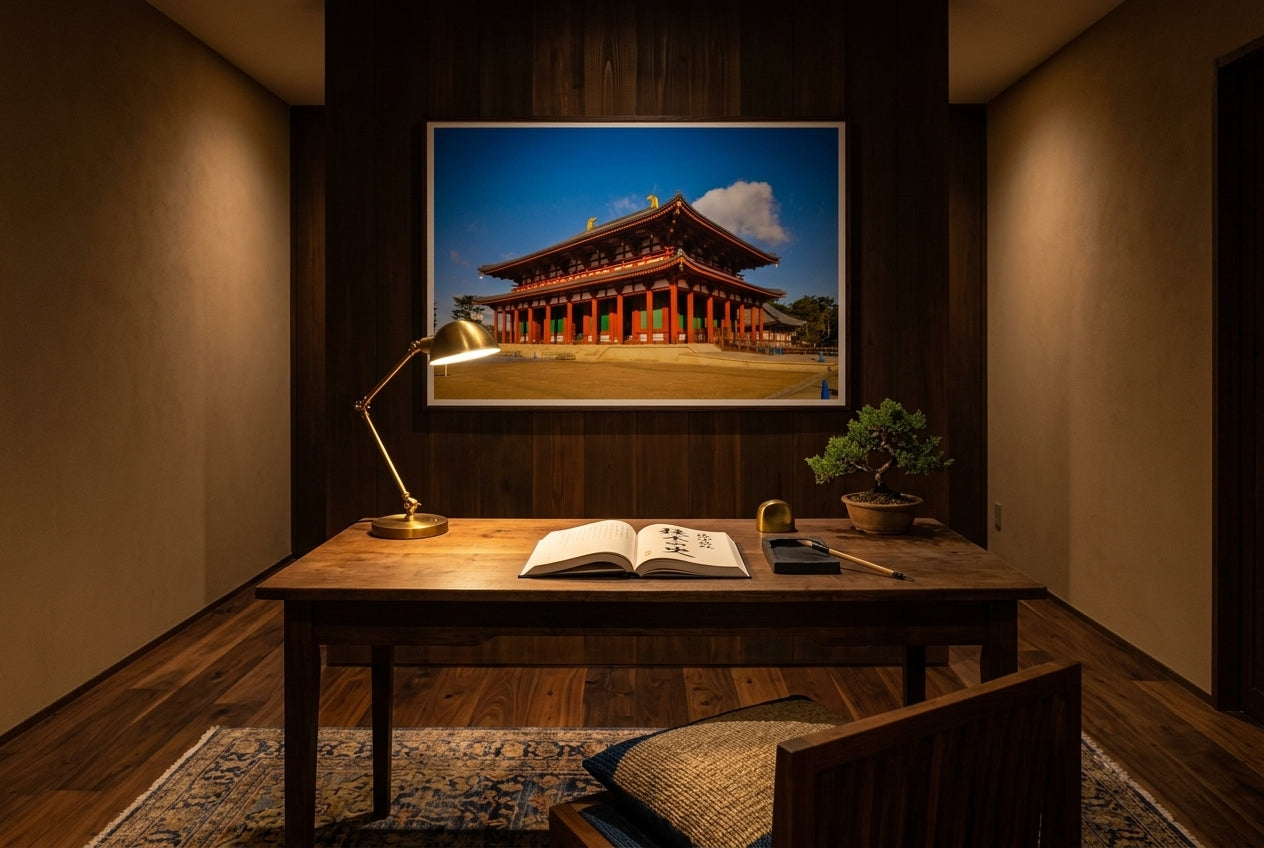 Majestic Morning: Central Golden Hall, Kōfuku-ji, framed above an aged walnut writing desk in a Japanese-influenced scholar's study — cedar feature wall, brass-shaded reading lamp, ink stone, bonsai juniper, dark wood frame. — Two Fat Bunnies.