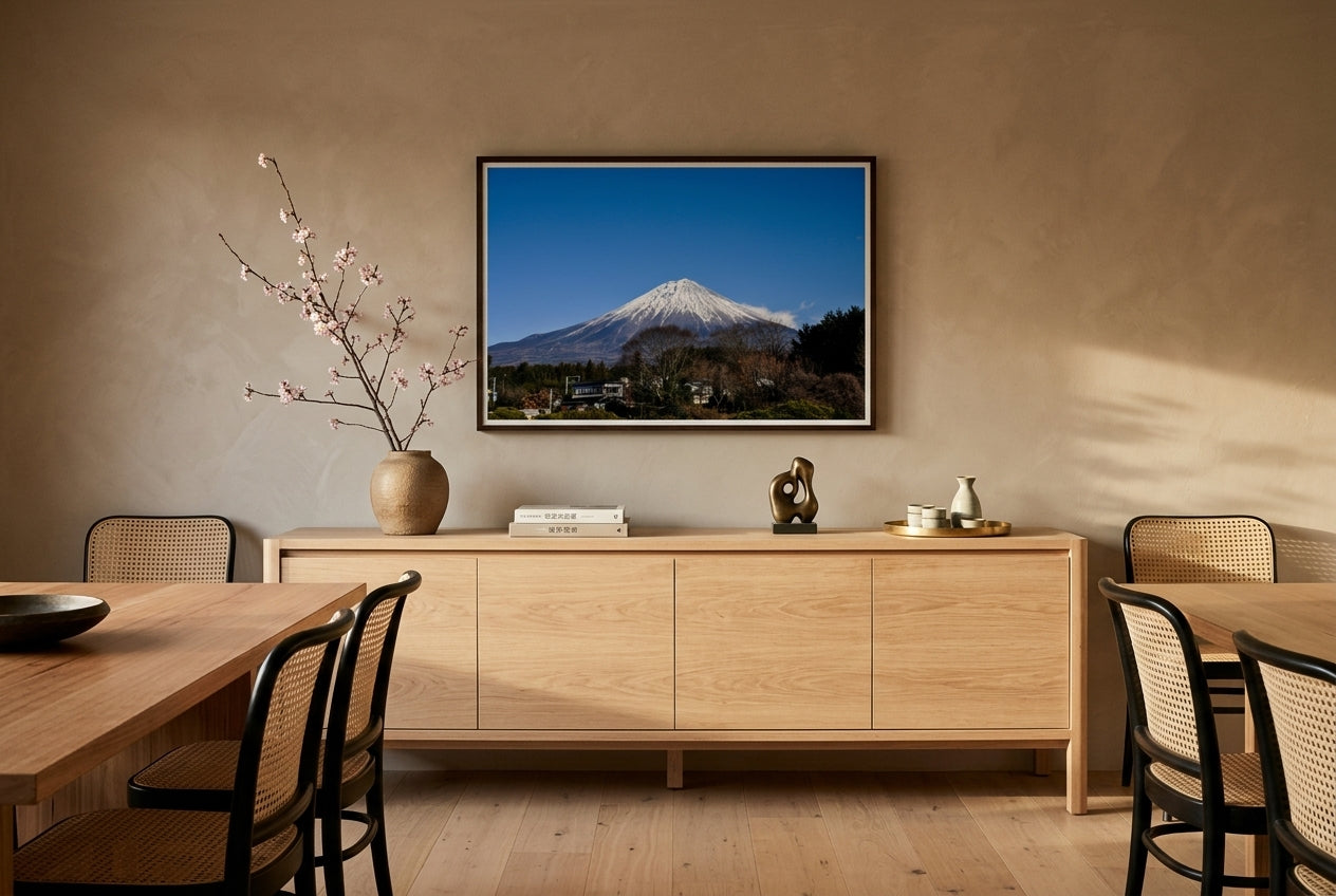 Majestic Mount Fuji, framed above a long pale-oak dining sideboard in an open-plan Australian dining space — ikebana arrangement, brass sake set, linen runner, dark wood frame. — Two Fat Bunnies.