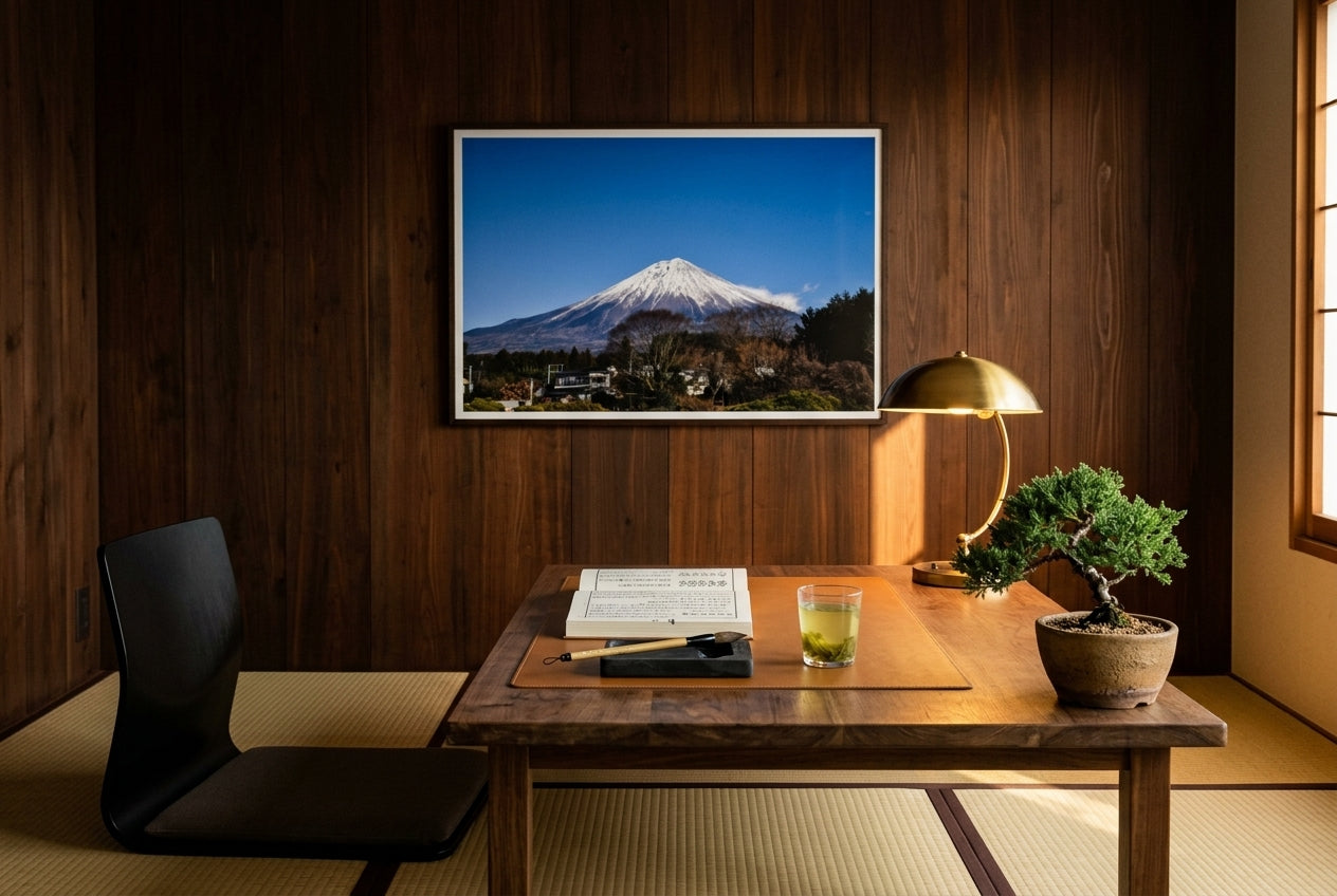 Majestic Mount Fuji, framed above an aged walnut writing desk in a Tokyo apartment-inspired study — cedar feature wall, tatami, brass desk lamp, ink stone, bonsai juniper, dark wood frame. — Two Fat Bunnies.