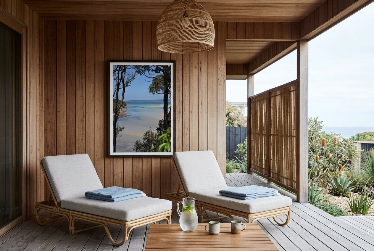 Merimbula Bliss, framed on the protected back wall of a covered beach house pavilion — woven cane chairs, salt-bleached timber, bamboo screen, coastal blue cushions, dark wood frame. — Two Fat Bunnies.