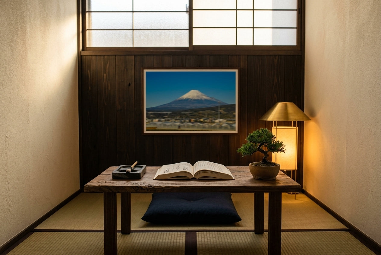 Mt Fuji in Motion: Shinkansen View, framed above a low aged-walnut writing desk under a frosted shoji-style window — brass-shaded paper lamp, ink stone and brush, bonsai juniper, dark wood frame. — Two Fat Bunnies.
