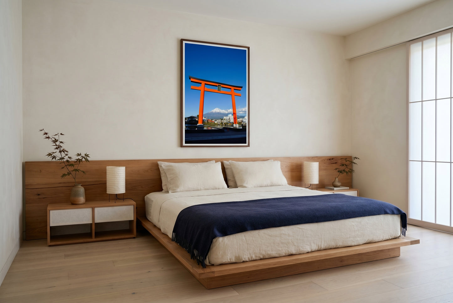 Mt Fuji Through the Torii Gate – Shizuoka, framed above a low blackbutt platform bed in a Japandi master bedroom — cream linen, indigo throw, paper-shaded lamps, ikebana, dark wood frame. — Two Fat Bunnies.