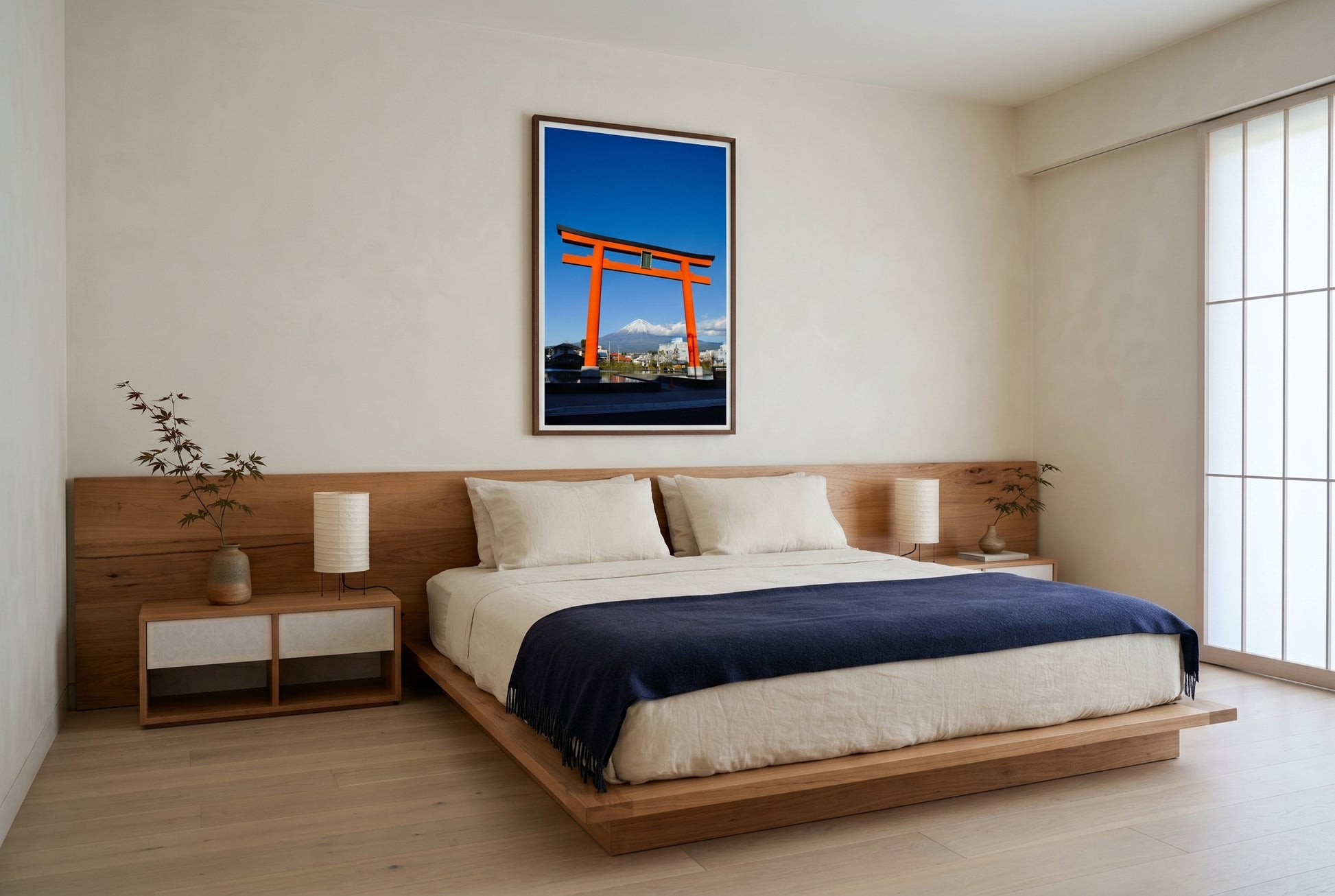 Mt Fuji Through the Torii Gate – Shizuoka, framed above a low blackbutt platform bed in a Japandi master bedroom — cream linen, indigo throw, paper-shaded lamps, ikebana, dark wood frame. — Two Fat Bunnies.