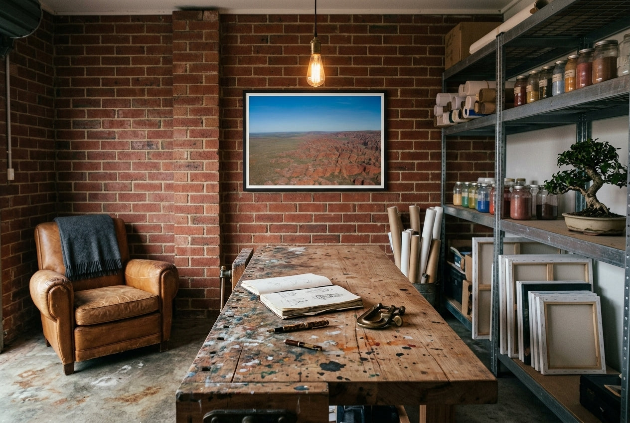 Over the Bungle Bungles, framed above the workbench in a garage-conversion creative workshop — raw concrete floor, galvanised steel shelving, Edison bulb pendant, oversized timber workbench, dark wood frame. — Two Fat Bunnies.