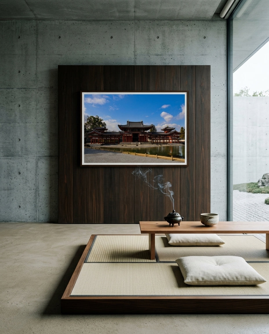 Phoenix Hall Serenity – Byōdō-in Temple, Kyoto, framed in a modernist tea pavilion — raw timber beams, low cedar bench, paper lantern, ceramic tea set, dark wood frame. — Two Fat Bunnies.