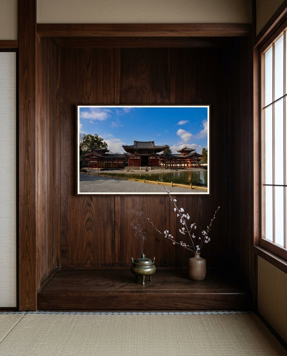Phoenix Hall Serenity – Byōdō-in Temple, Kyoto, framed in a tea-ceremony tokonoma alcove — tatami floor, dark cedar wall, bronze incense burner, ikebana branch, dark wood frame. — Two Fat Bunnies.
