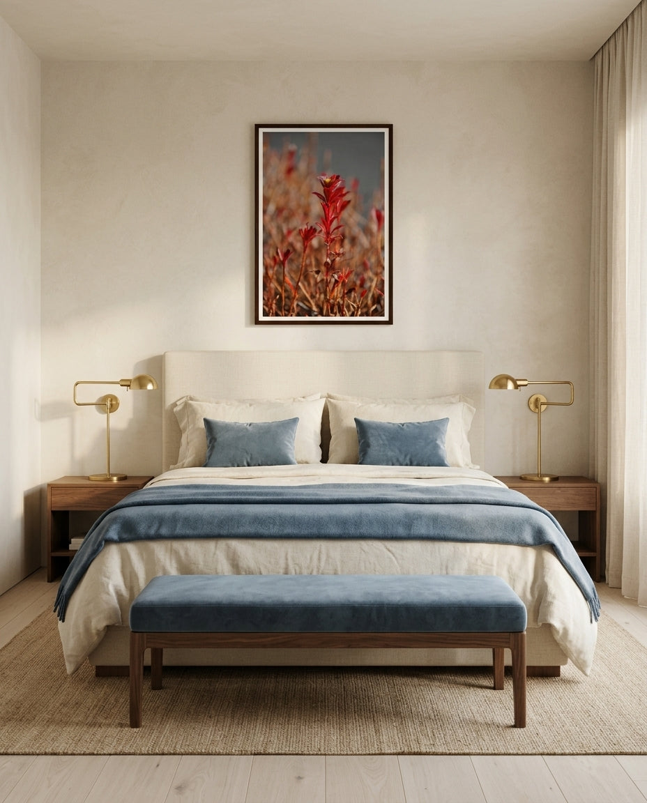 Radiant Red Bloom – Tokyo Roadside Flower, framed above the bedhead in a boutique hotel suite bedroom — cream linen bedding, walnut bedside, brass reading lamp, dark wood frame. — Two Fat Bunnies.