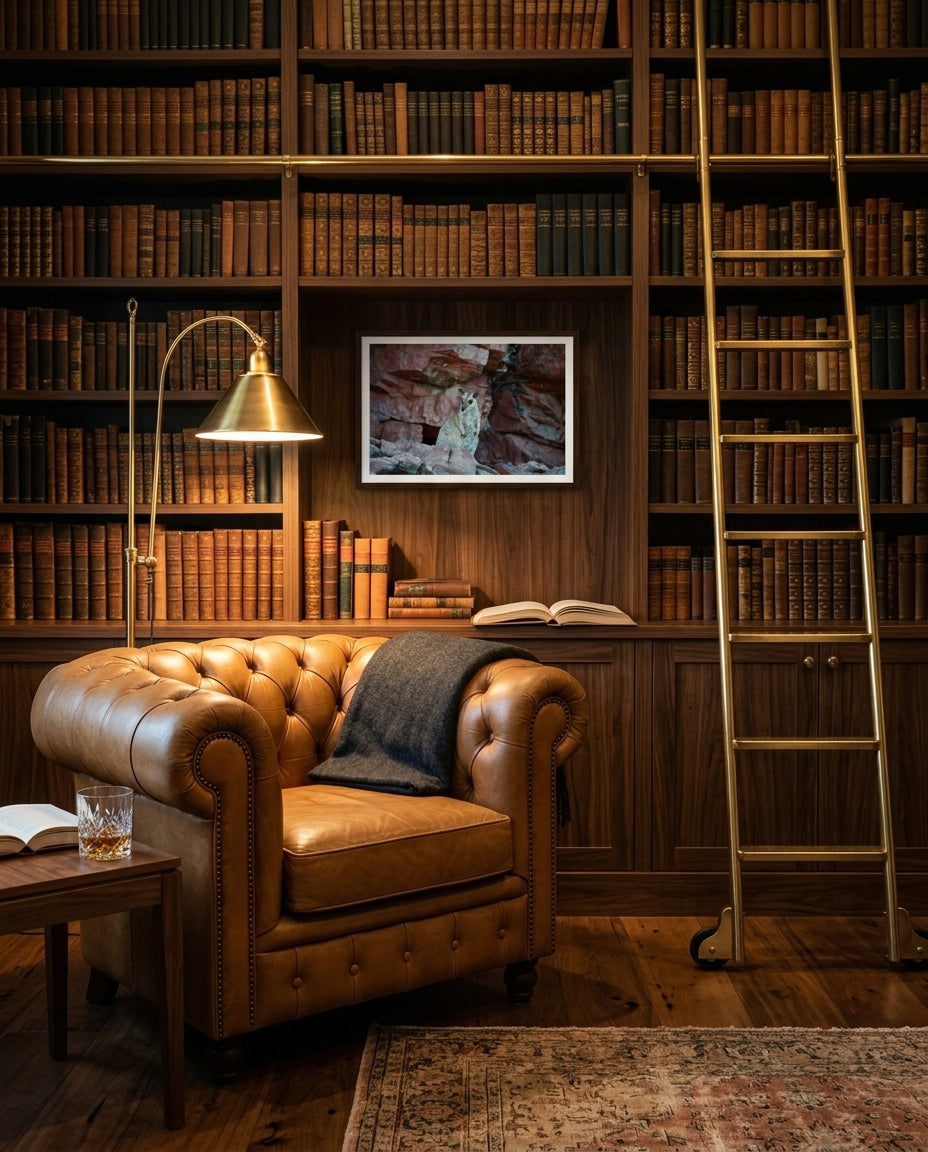 Resident of the Red Cliffs — Rock Wallaby, Lake Argyle, framed above a tan chesterfield in a library reading corner — wool throw, brass floor lamp, stacked hardbacks, dark wood frame. — Two Fat Bunnies.