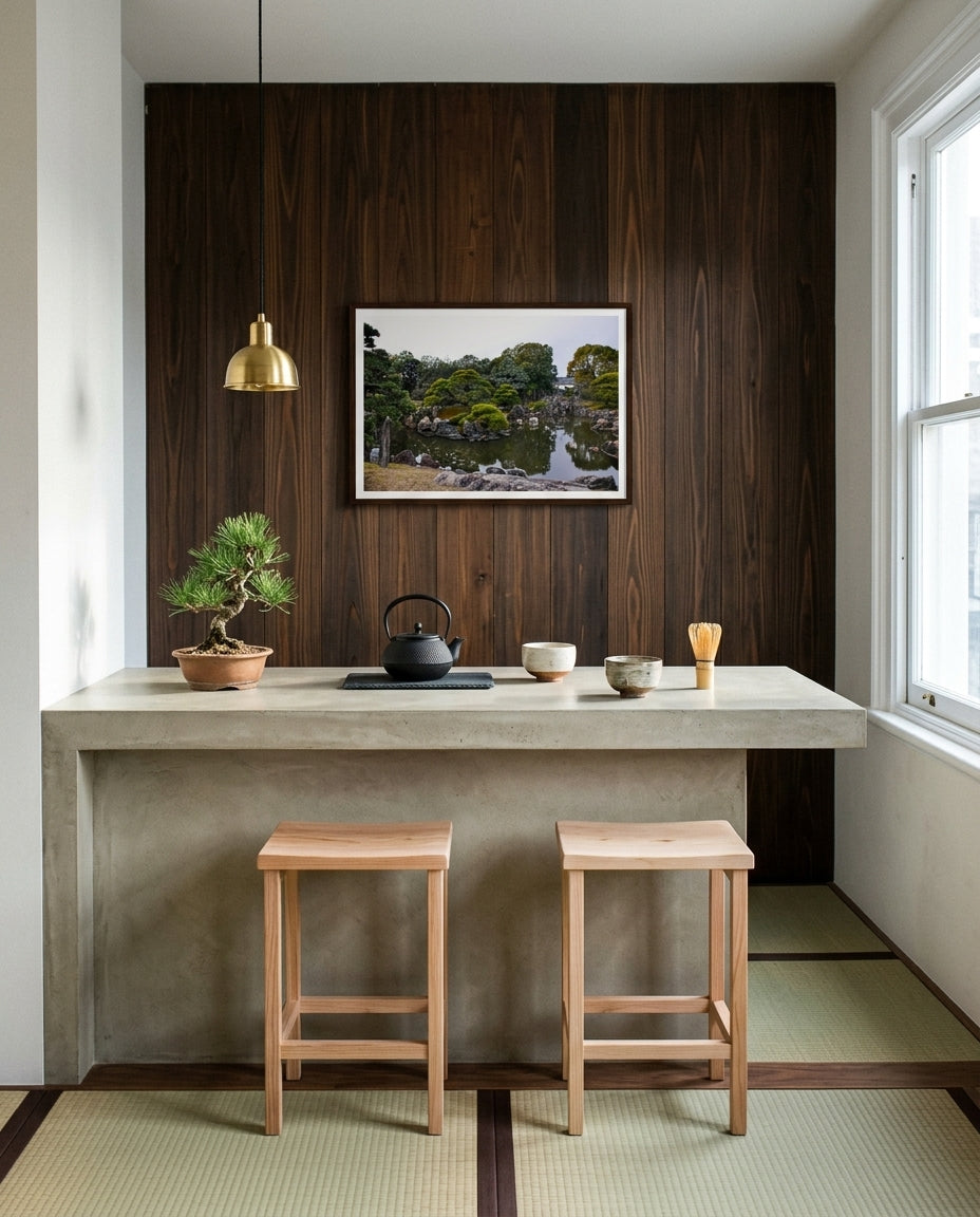 Serenity in Stone: Japanese Garden at Nijo Castle, Kyoto, framed above a Japanese kitchen counter — aged timber cabinetry, ceramic donabe, woven basket, dark wood frame. — Two Fat Bunnies.