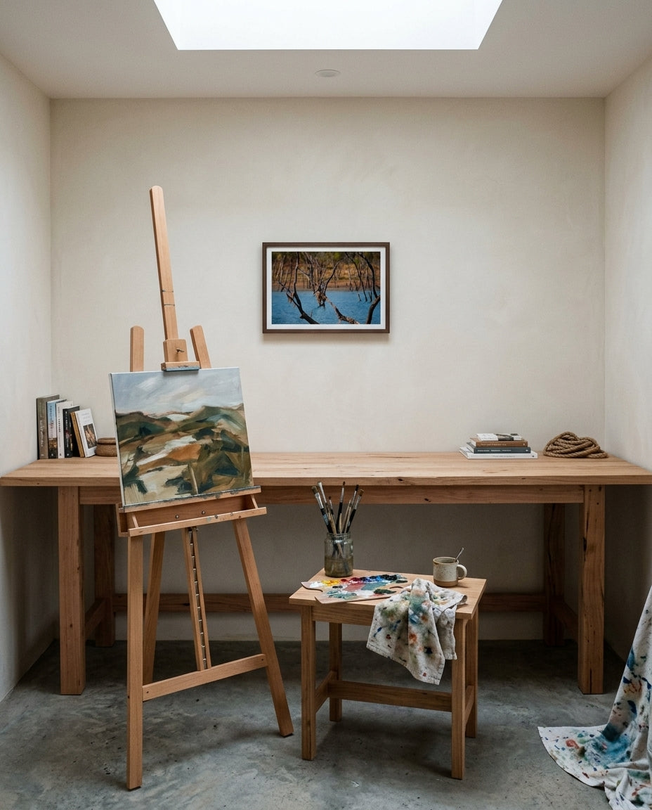 Snakebird Stillness — Australasian Darter at Lake Argyle, framed in an artist's studio easel corner — paint-flecked timber stool, jars of brushes, raw linen drape, dark wood frame. — Two Fat Bunnies.