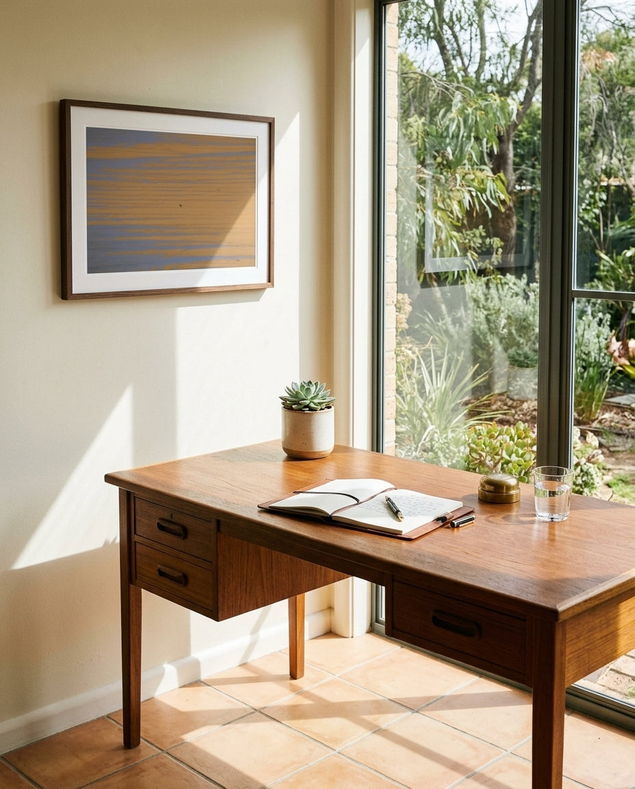 Solitude at Merimbula, framed above a sun room writing desk — oak desk, brass task lamp, linen-bound notebook, woven cane chair, dark wood frame. — Two Fat Bunnies.