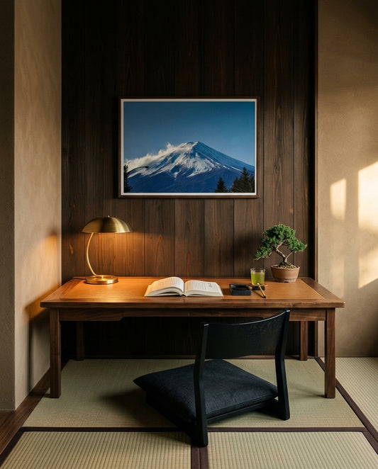 Summit Serenity: Mt Fuji Peak, framed above an aged-walnut writing desk in a Tokyo-inspired study — cedar feature wall, brass desk lamp, ink stone, bonsai juniper, dark wood frame. — Two Fat Bunnies.