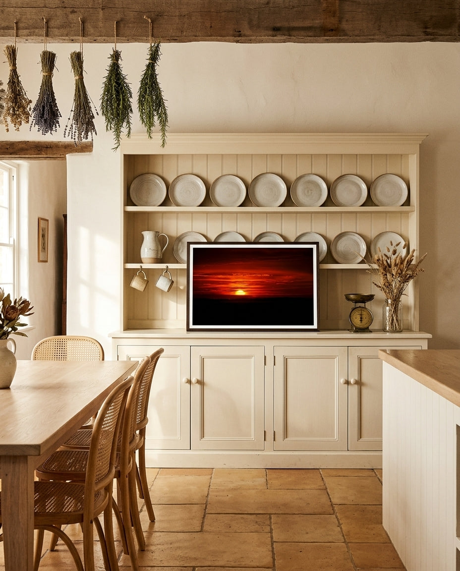 Sunrise Over Bass Strait – Flinders, framed above a painted Welsh dresser in a country kitchen — stacked stoneware plates, pewter jugs, sprigs of rosemary, enamel mugs, dark wood frame. — Two Fat Bunnies.