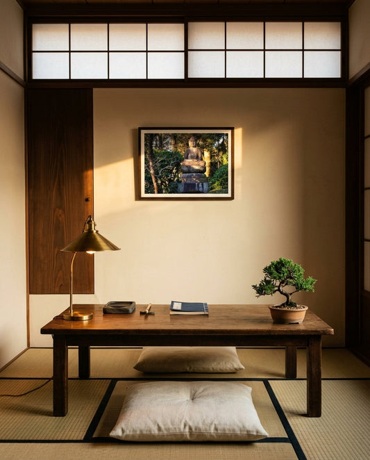 Tranquil Buddha at Ryoanji Temple, Kyoto, framed above a tatami low writing table — paper-shaded lamp, ink stone, ceramic tea bowl, dark wood frame. — Two Fat Bunnies.